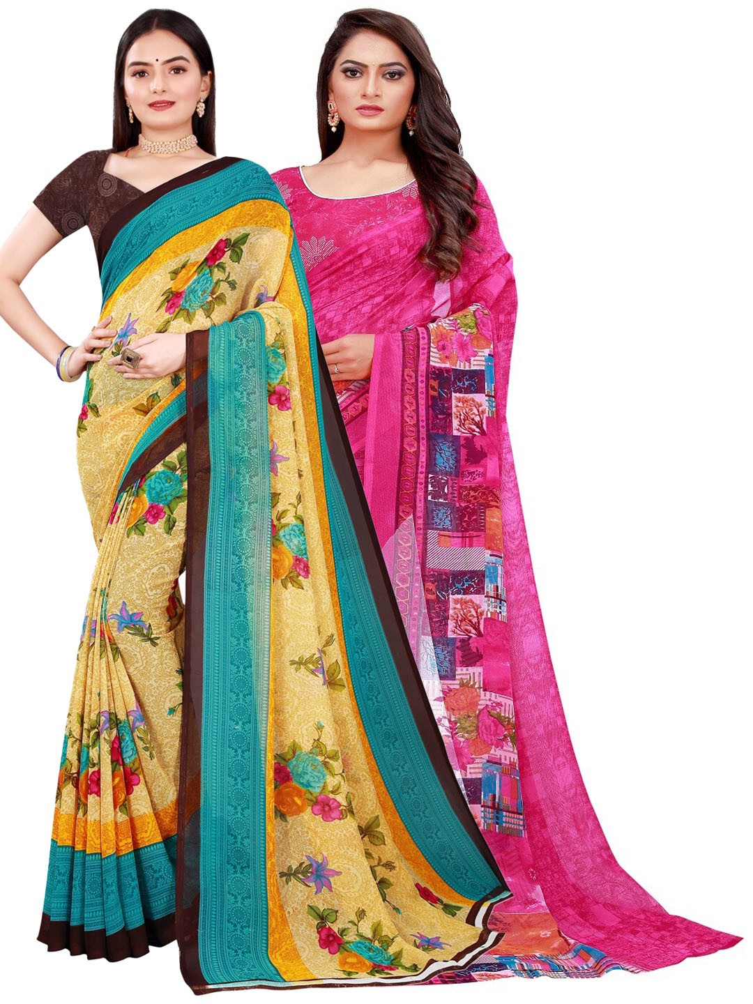 

Florence Pack Of 2 Beige & Pink Floral Pure Georgette Saree