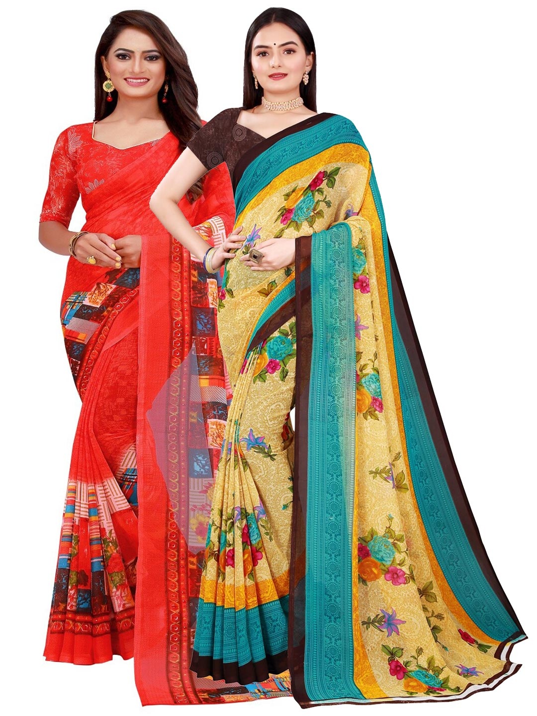 Florence Pack Of 2 Beige & Red Printed Pure Georgette Saree With Unstitched Blouse
