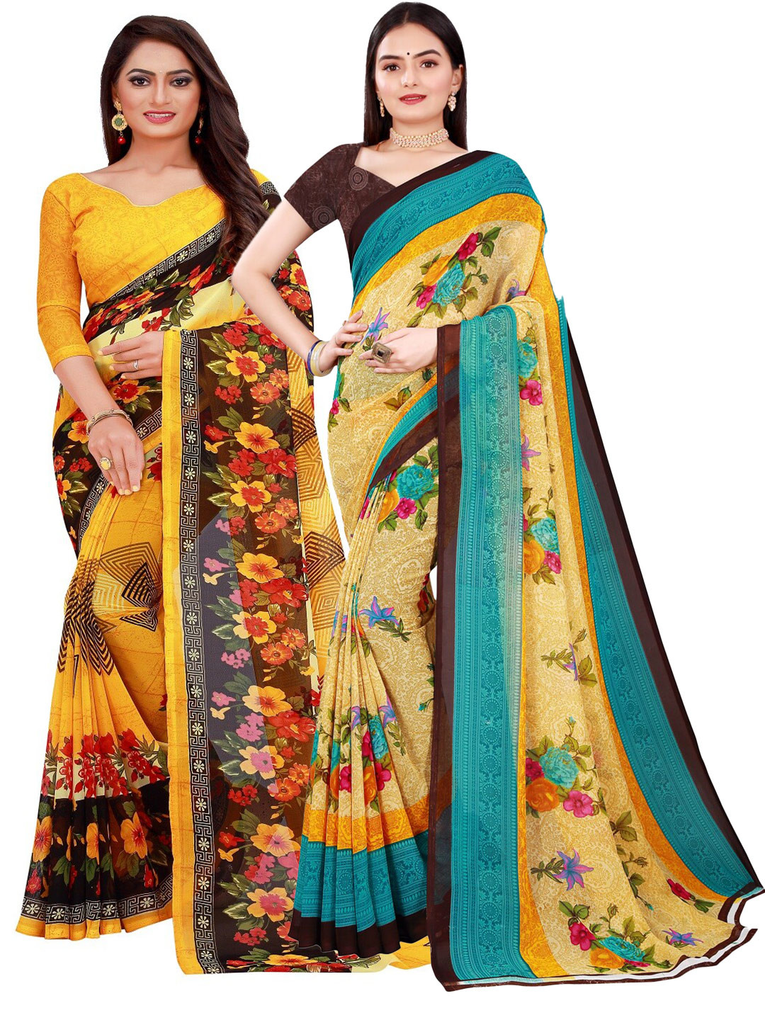 

Florence Women Pack Of 2 Beige & Yellow Printed Pure Georgette Saree