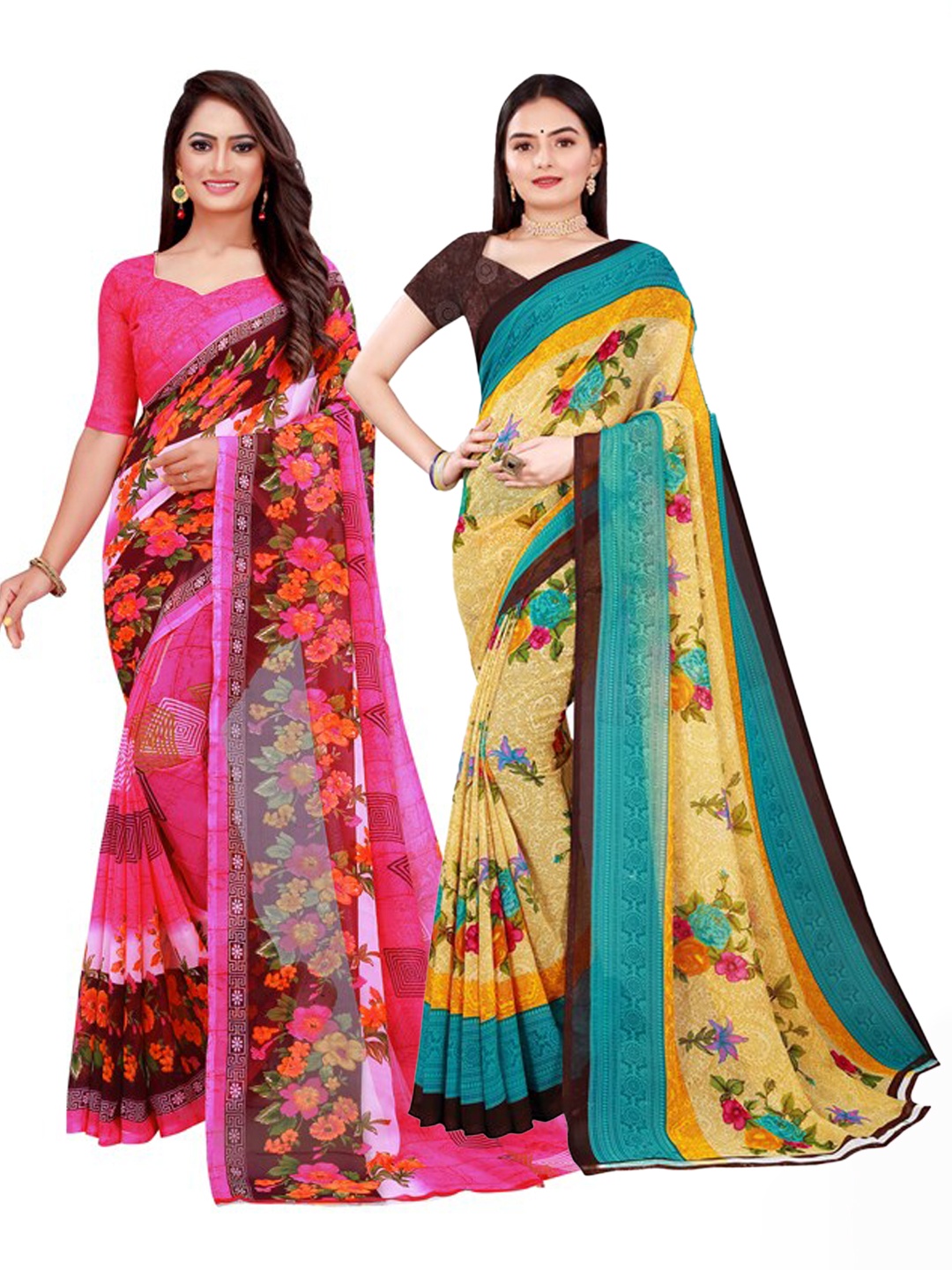 

Florence Beige & Pink Floral Pure Georgette Pack Of 2 Saree
