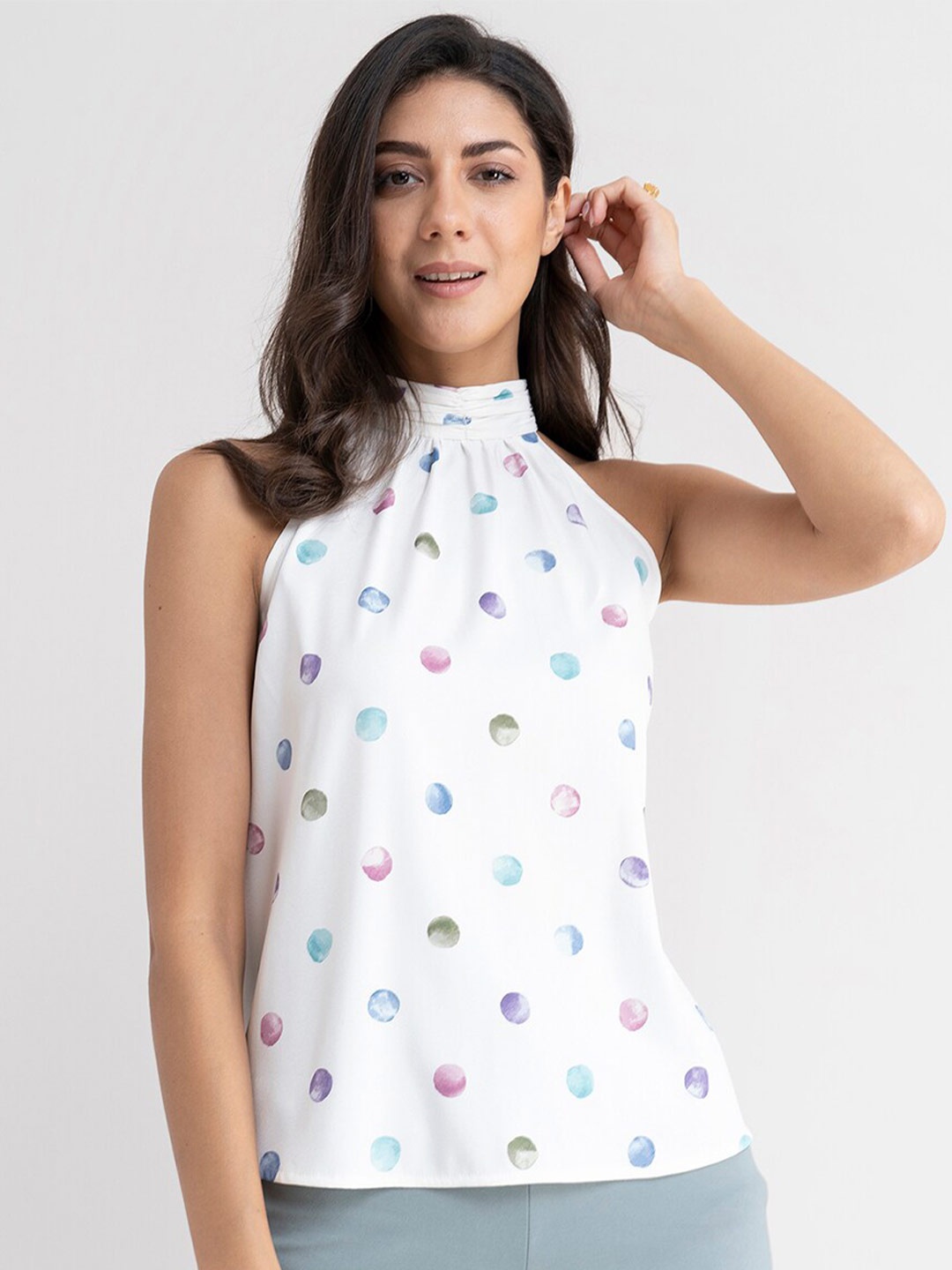 

FableStreet White & Blue Polka Dots Print Top