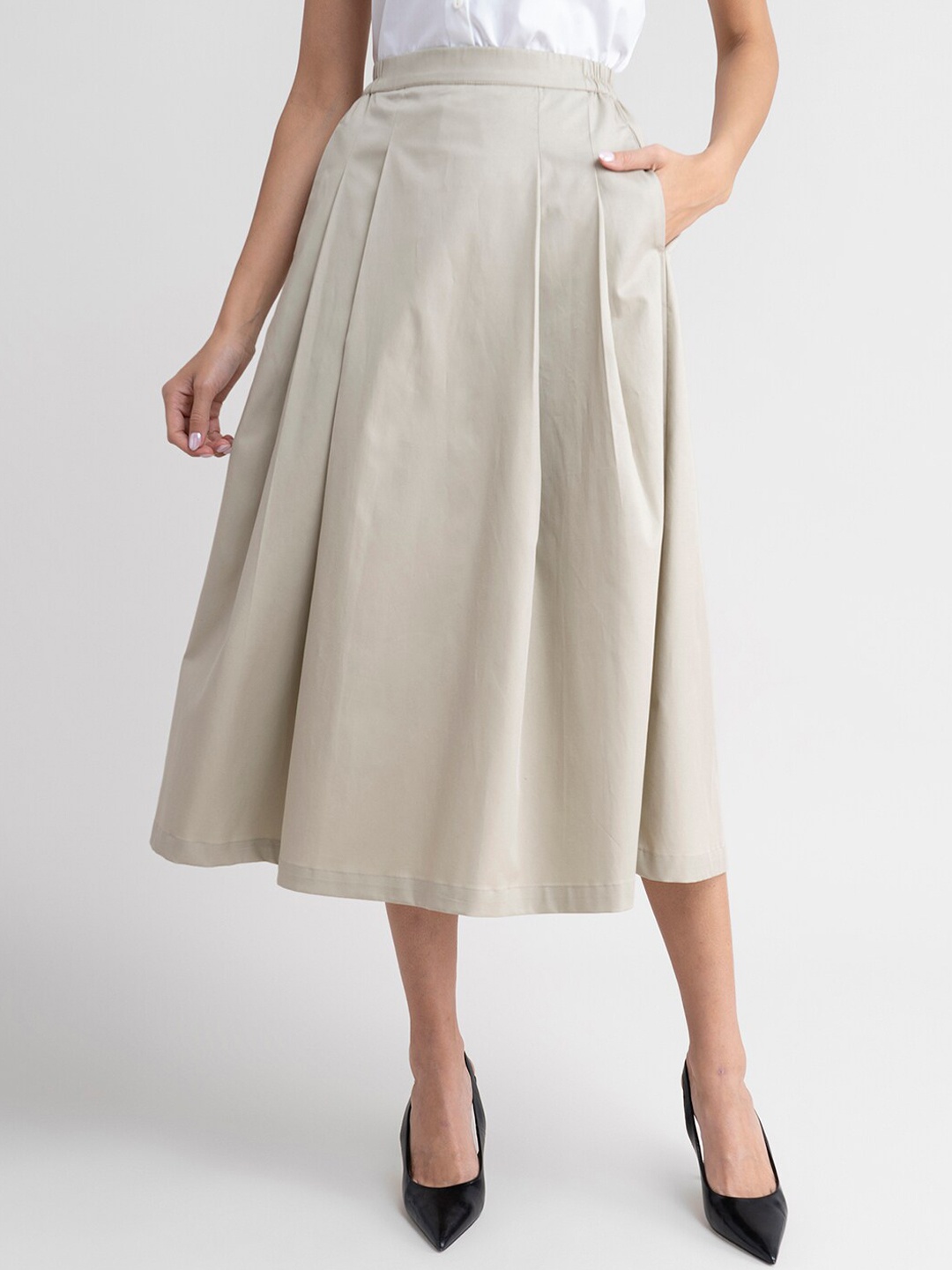

FableStreet Women Beige Solid Calf Length Flared Skirt