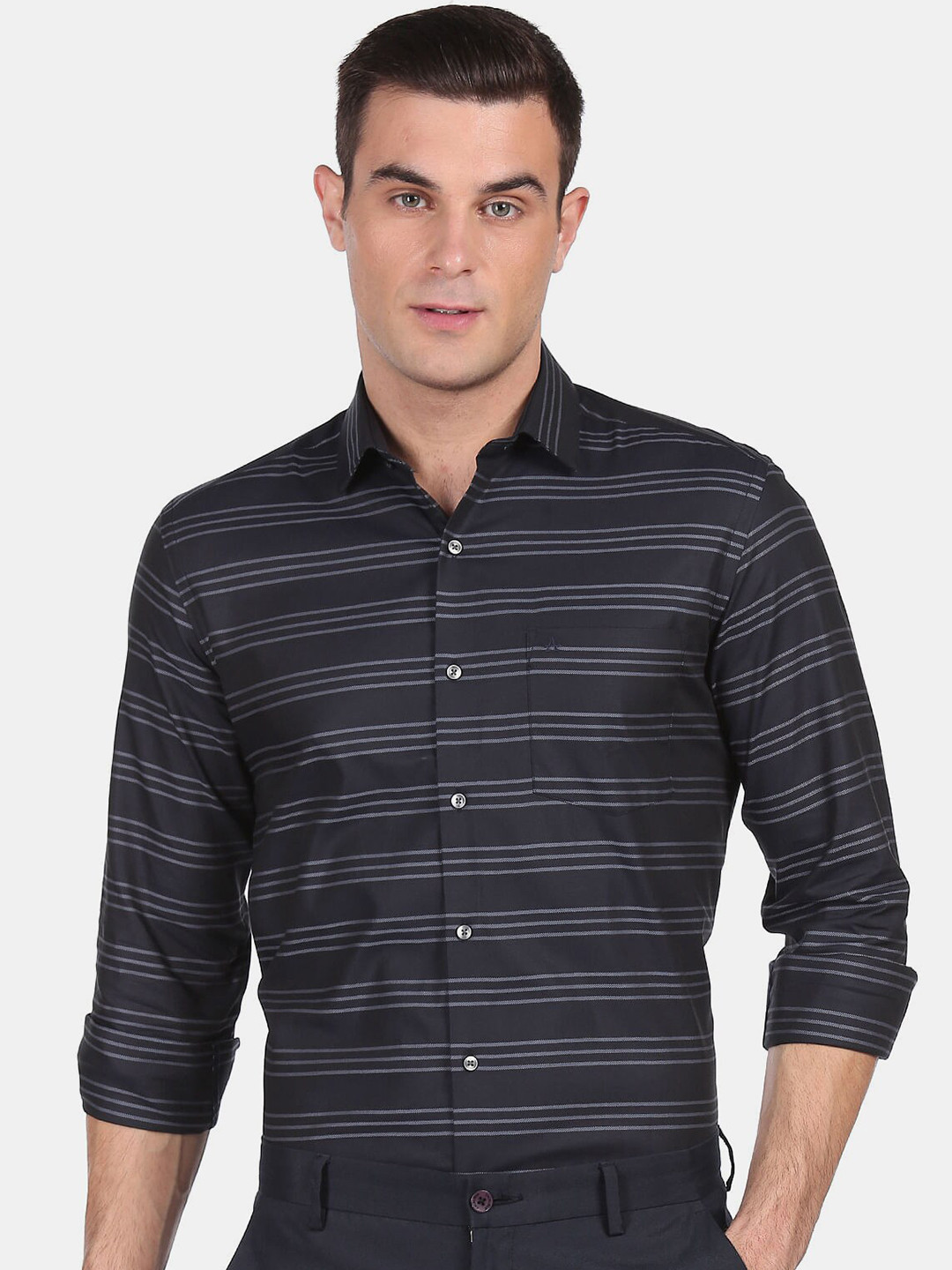 

Arrow Men Blue Slim Fit Horizontal Stripes Striped Formal Shirt