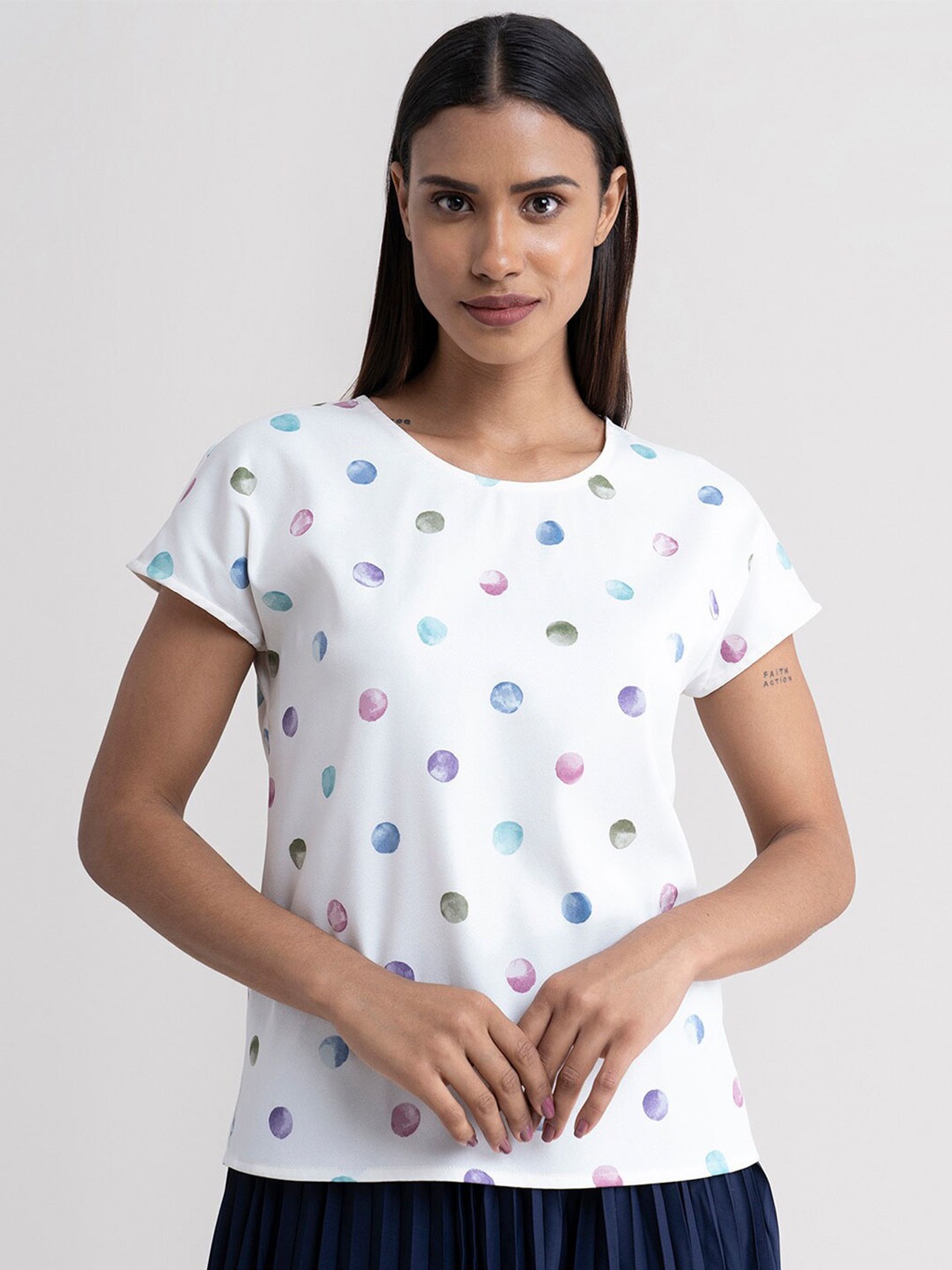 

FableStreet Women White Printed Extended Sleeves Top