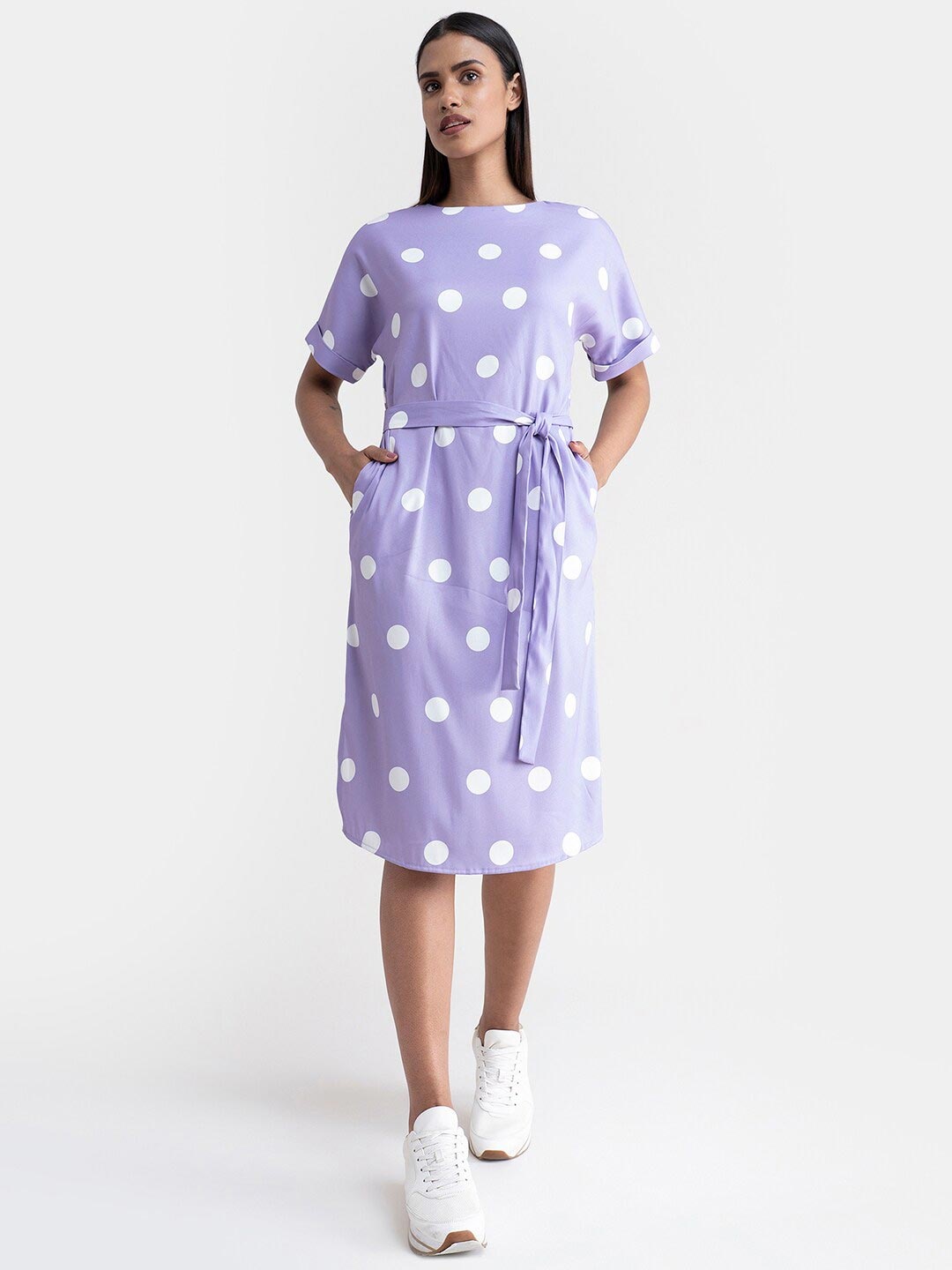 

FableStreet Women Purple Polka Dot Printed A-Line Dress