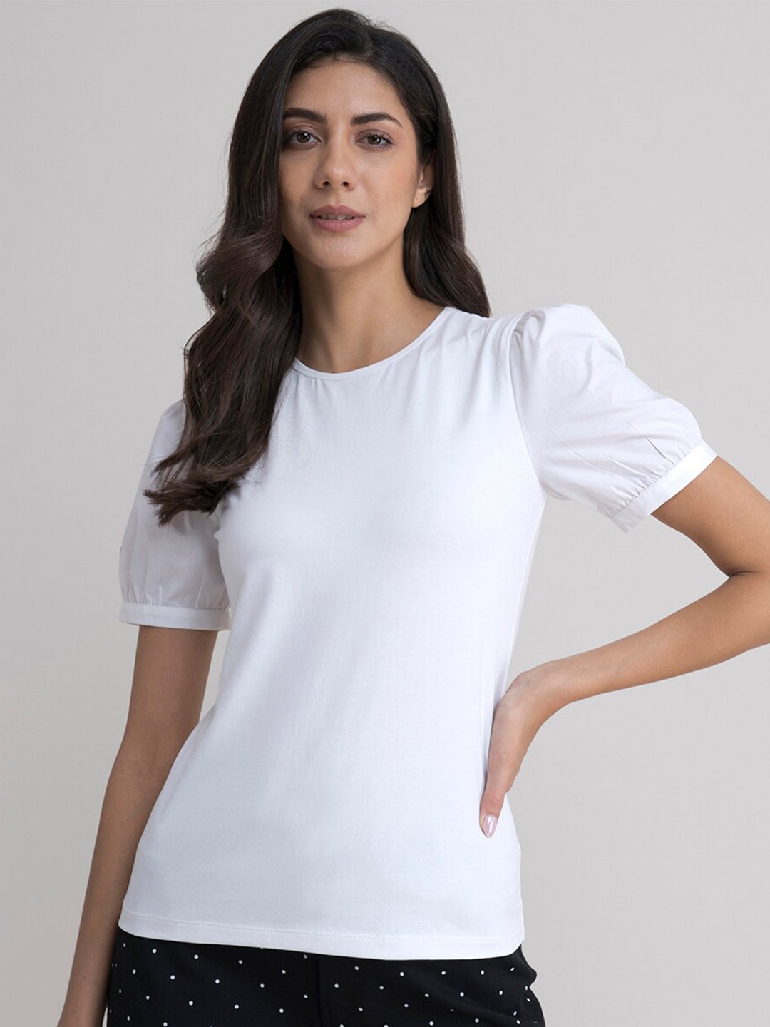 

FableStreet Women White Puff Sleeves T-shirt