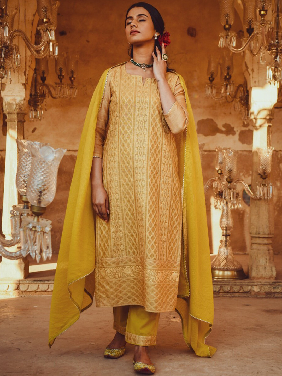 

KARAJ JAIPUR Women Mustard Yellow Gotta Patti Chanderi Cotton Kurta with Trousers & With Dupatta