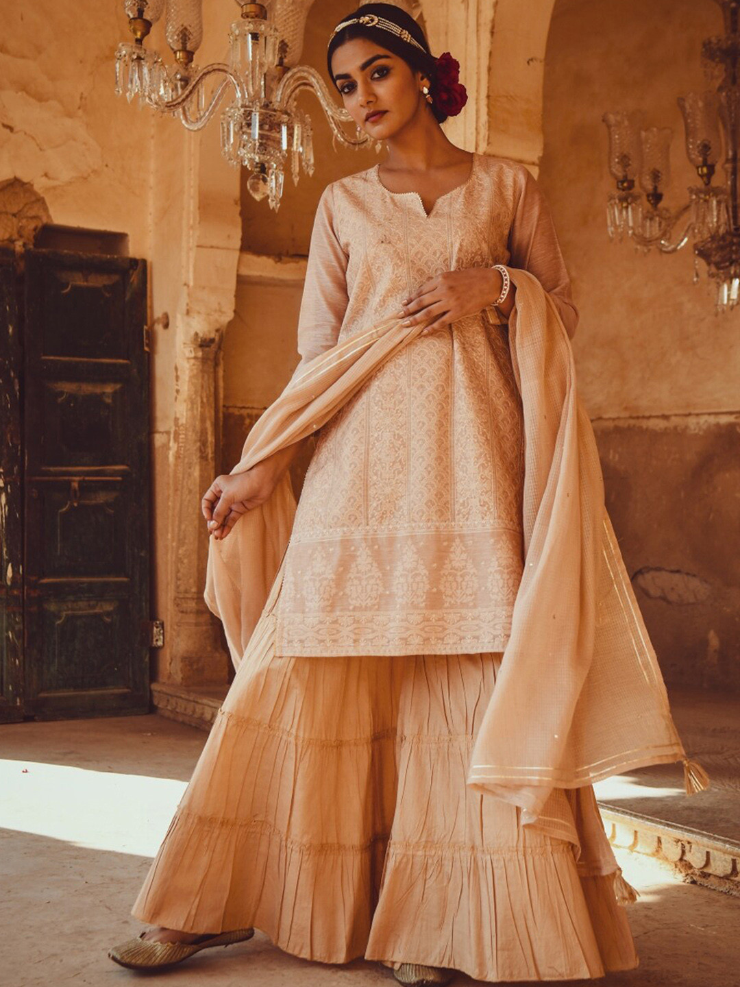 

KARAJ JAIPUR Women Peach-Coloured Ethnic Motifs Embroidered Kurta with Churidar & Dupatta