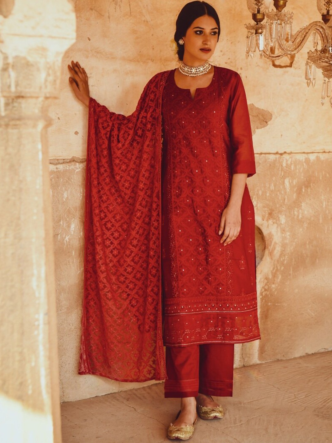 

KARAJ JAIPUR Women Maroon Chikankari Embroidered Kurta with Trouser and Dupatta