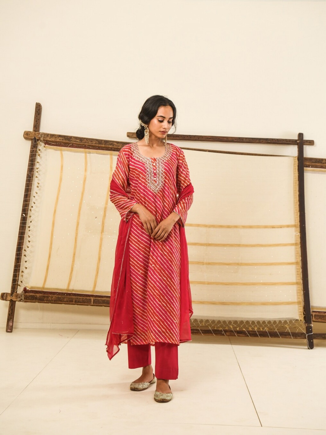 

KARAJ JAIPUR Women Pink Empire Chanderi Cotton Kurti with Trousers & With Dupatta