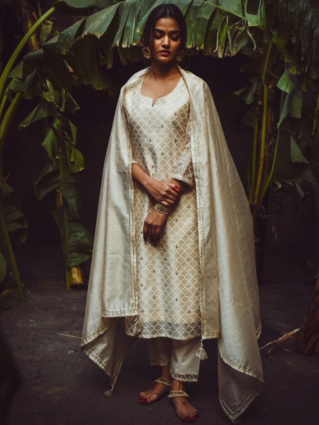 

KARAJ JAIPUR Women Beige Ethnic Motifs Layered Chanderi Cotton Kurta with Churidar