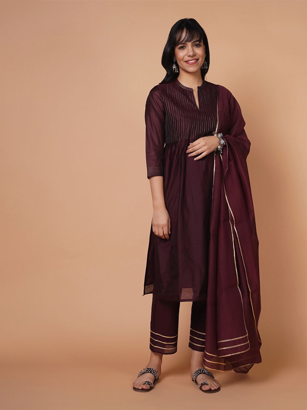 

BARARA ETHNIC Women Burgundy Pleated Kurta with Trouser & Dupatta