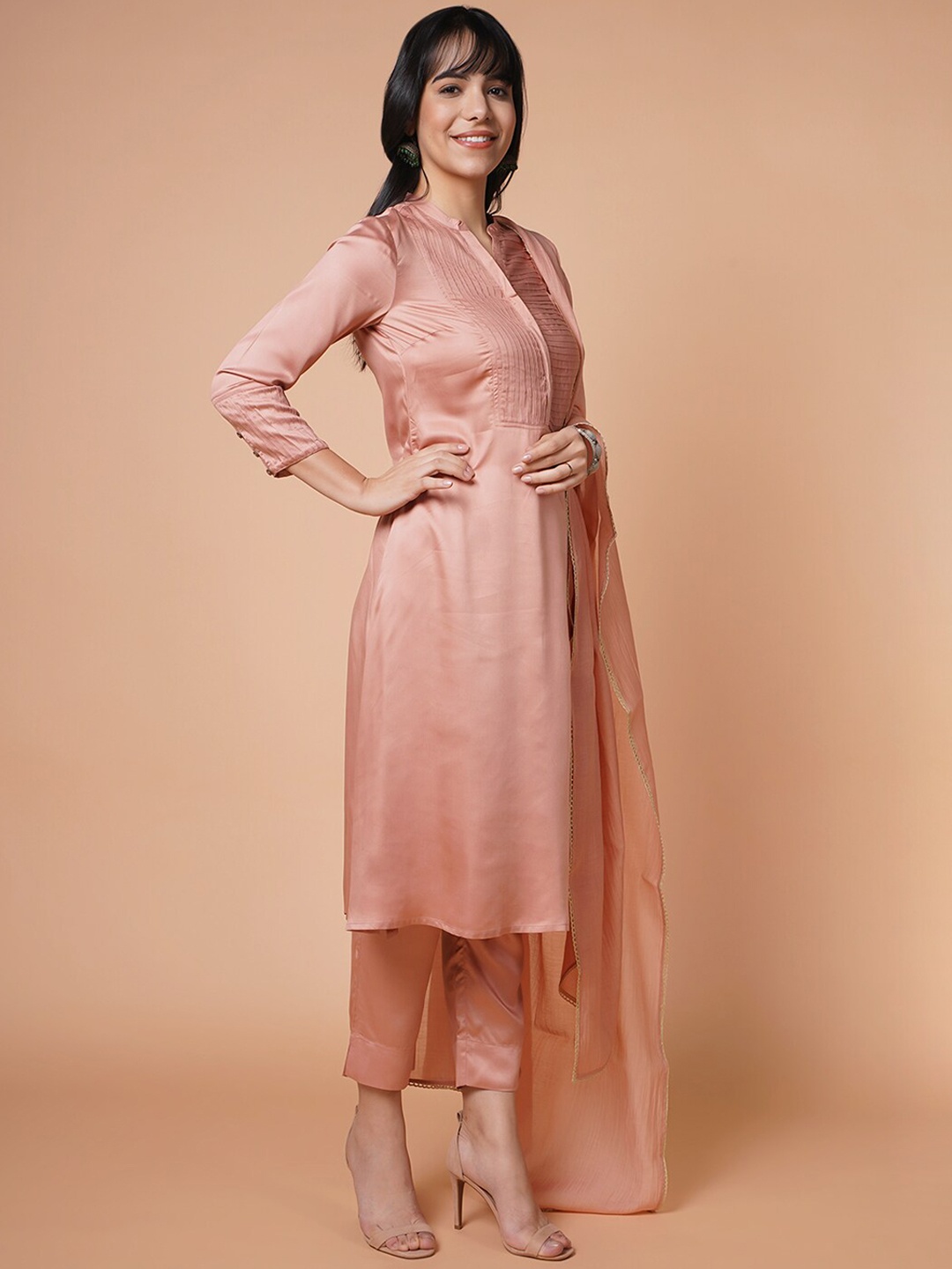 

BARARA ETHNIC Women Rose Gold Yoke Design Kurta with Trousers & With Dupatta