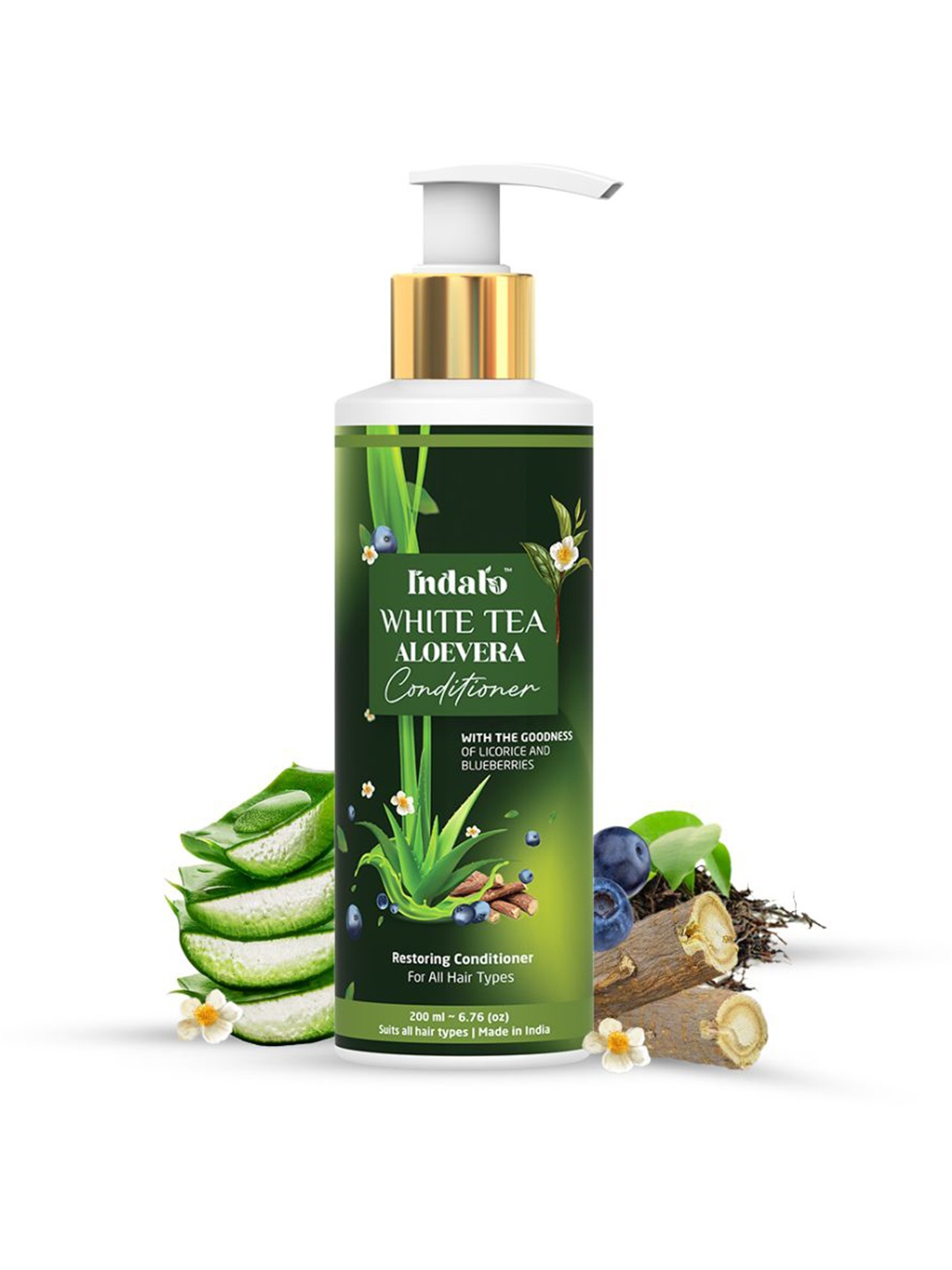 

INDALO White Tea Aloe Vera Conditioner with Licorice & Blueberries for Oily Hair - 200ml, Green