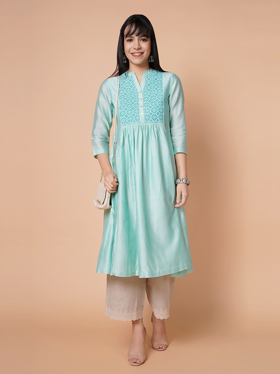 

BARARA ETHNIC Women Turquoise Blue Yoke Design Chanderi Silk Kurta