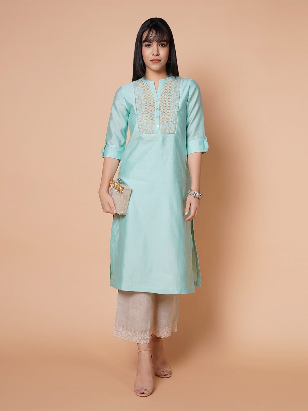 

BARARA ETHNIC Women Blue Yoke Design Chanderi Silk Kurta