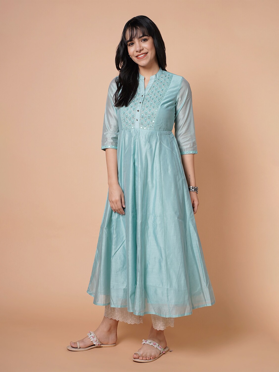 

BARARA ETHNIC Women Blue Embroidered Mirror Work Chanderi Silk Anarkali Kurta