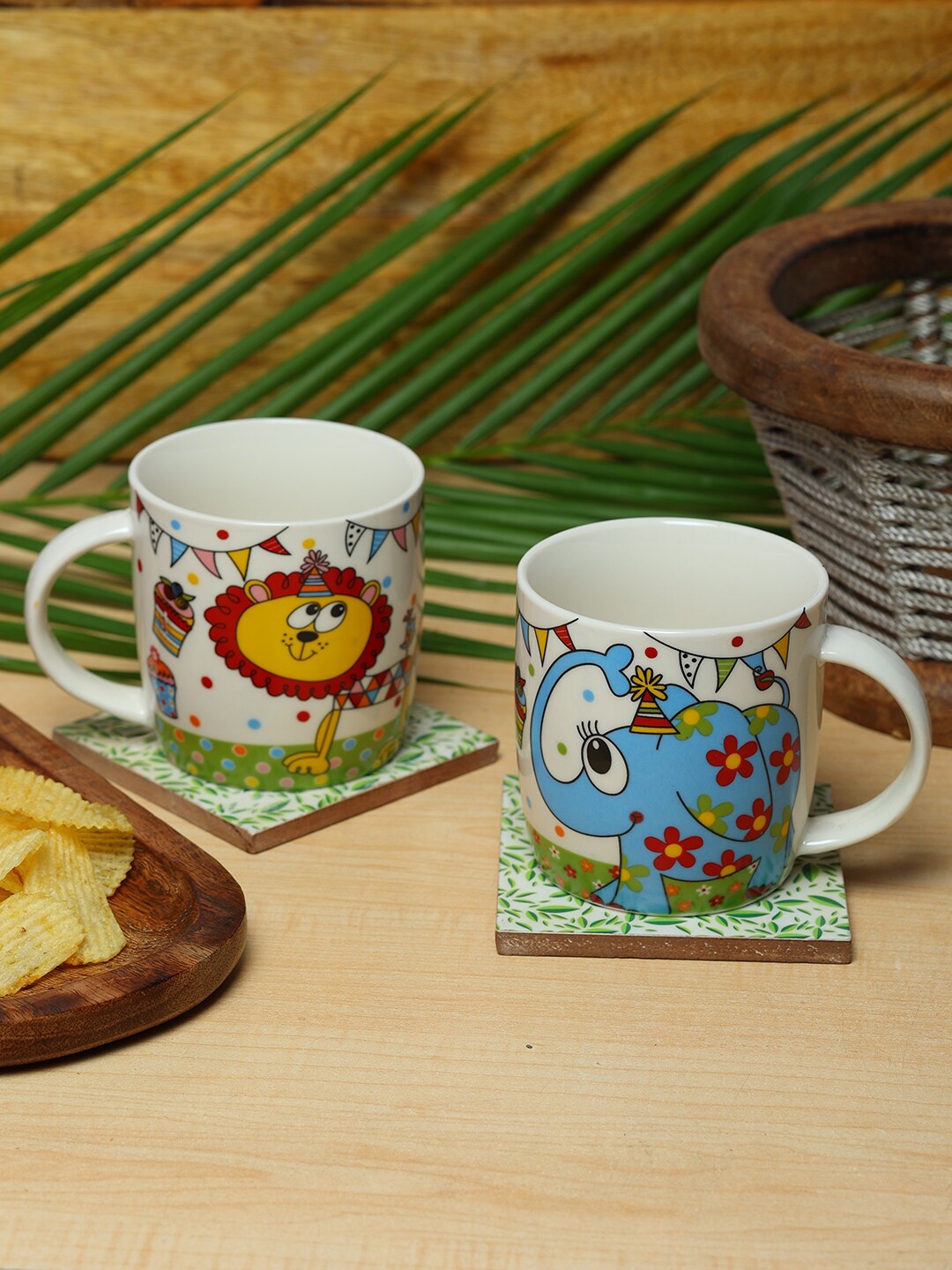 

ZEVORA White & Blue Set of 2 Printed Ceramic Glossy Mugs