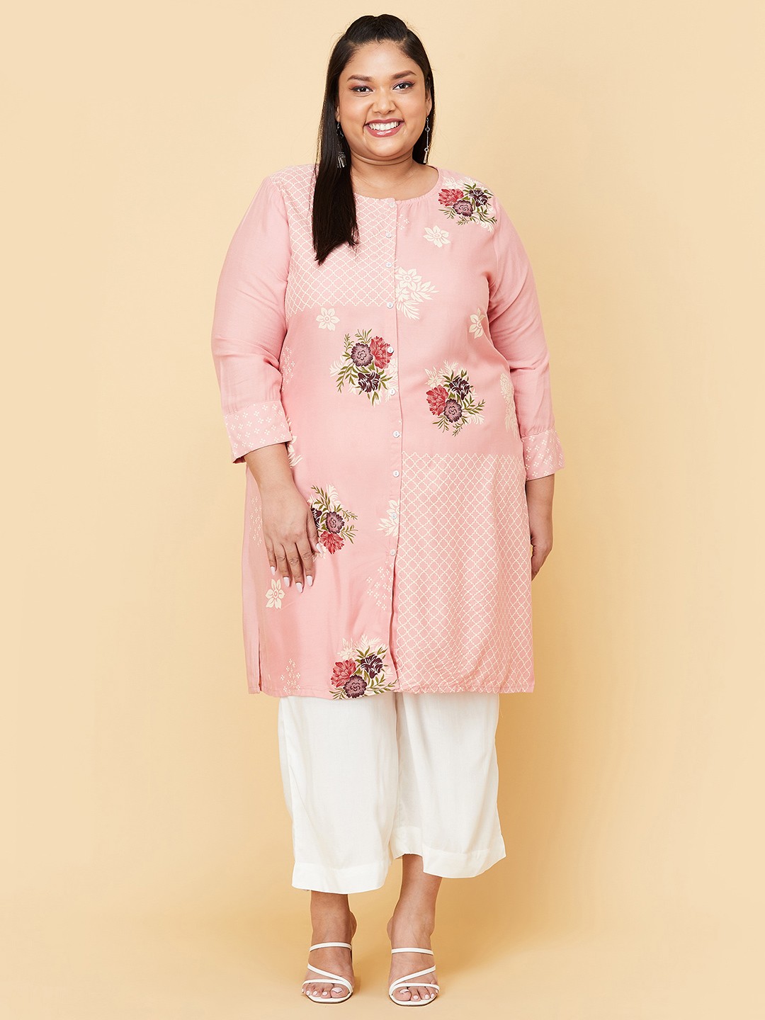 

max Women Plus Size Pink Floral Embroidered Flared Sleeves Thread Work Kurta