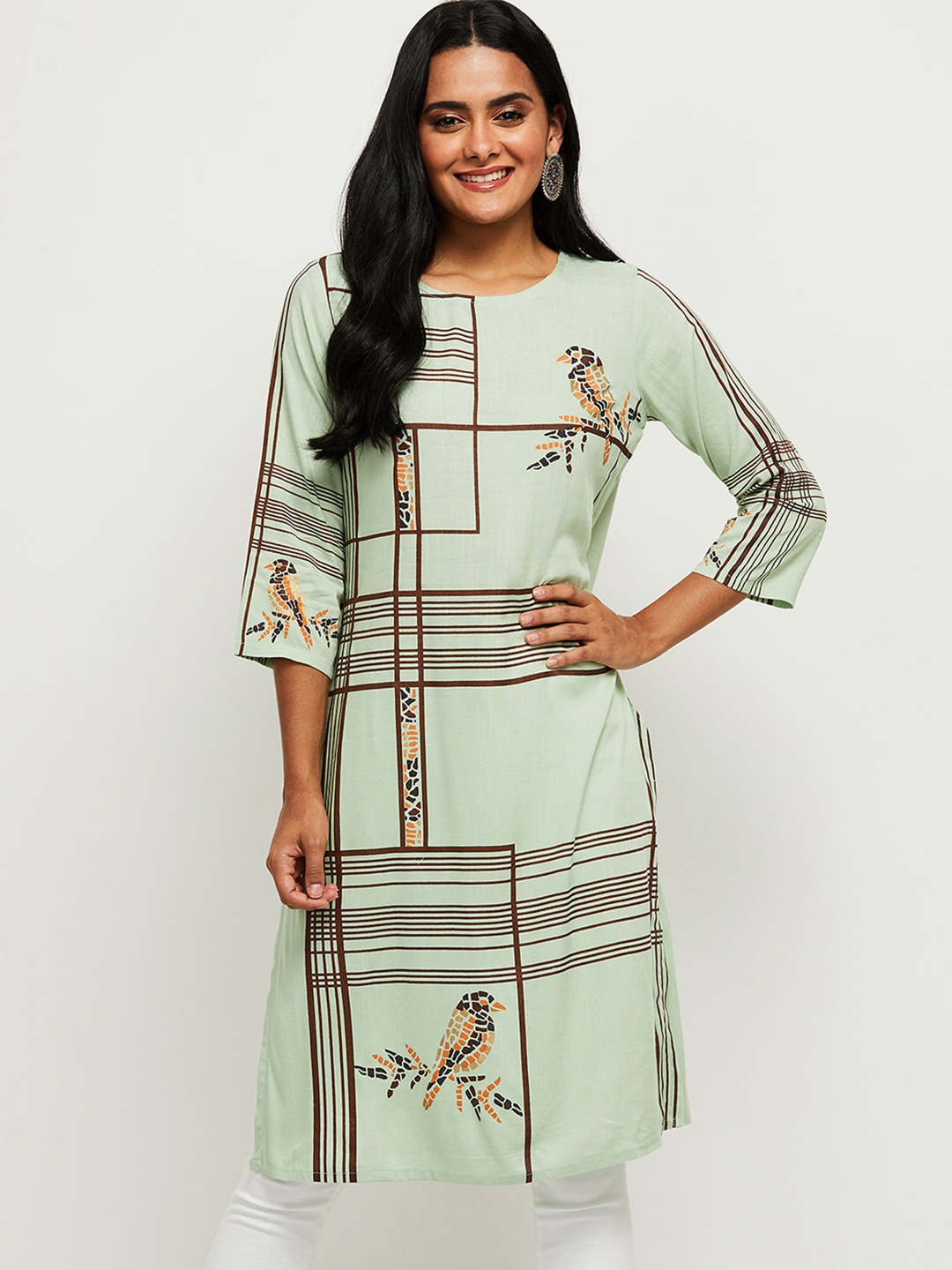 

max Printed Three-Quarter Sleeves Straight Kurta, Green