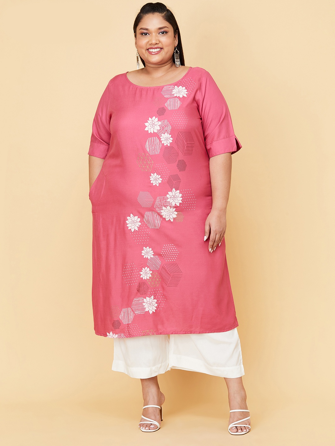

max Women Plus Size Pink Geometric Thread Work Kurta