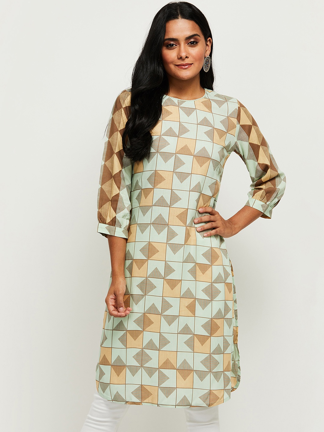 

max Women Blue & Orange Geometric Printed Kurta