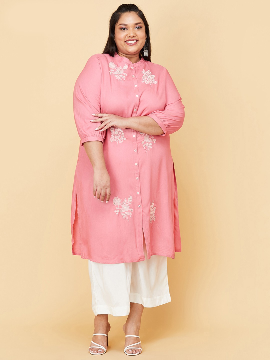 max Plus Size Women Pink Embroidered Thread Work Kurta