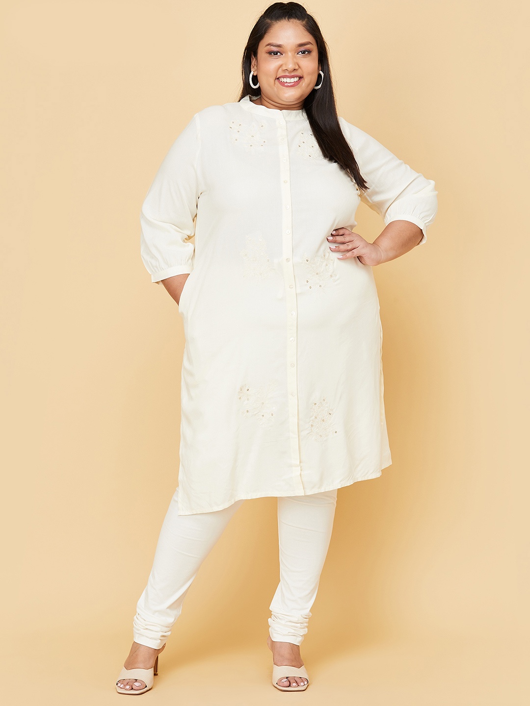 max Women Plus Size Cream-Coloured Embroidered Cotton Kurta