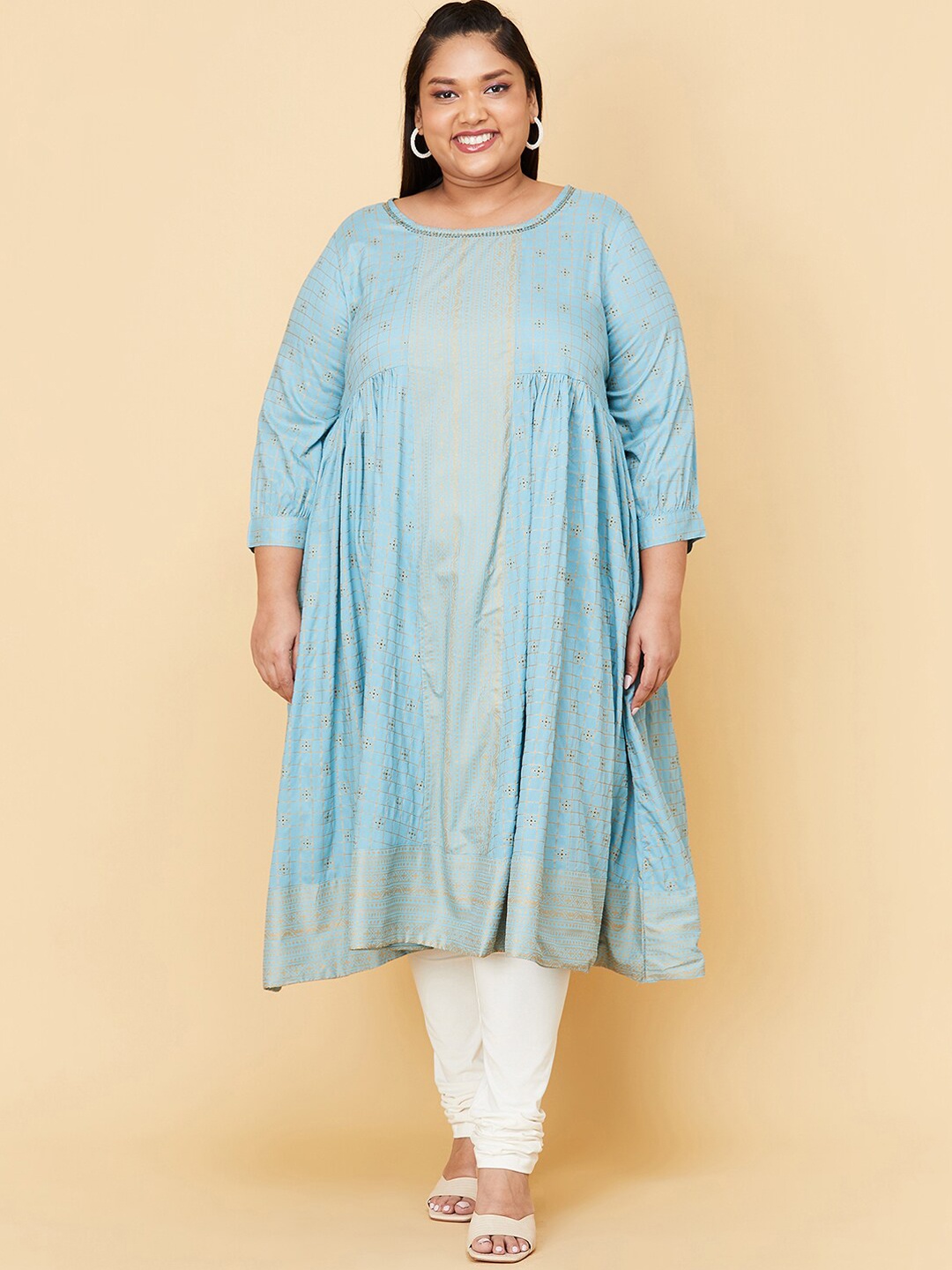 

max Women Plus Size Blue Flared Sleeves Thread Work Kurta