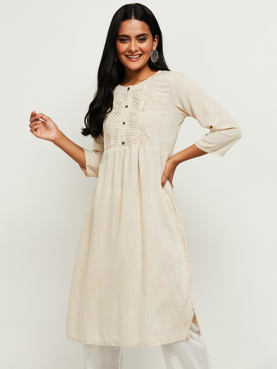 

max Women Cream-Coloured Yoke Design Kurta