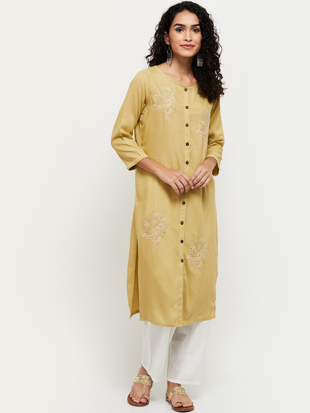 

max Women Mustard Yellow Floral Embroidered Thread Work Floral Kurta