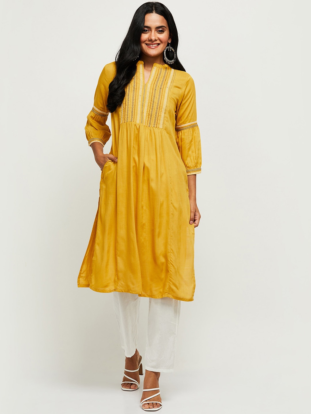 

max Women Mustard Yellow Ethnic Motifs Yoke Design Kurta