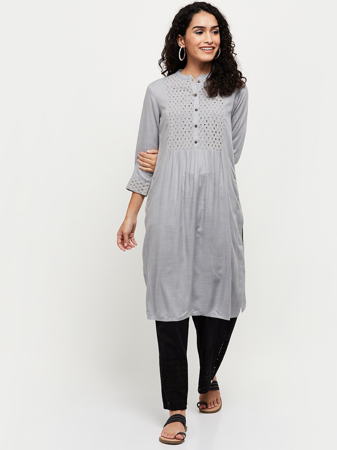 

max Women Grey Geometric Striped Flared Sleeves Thread Work Kurta