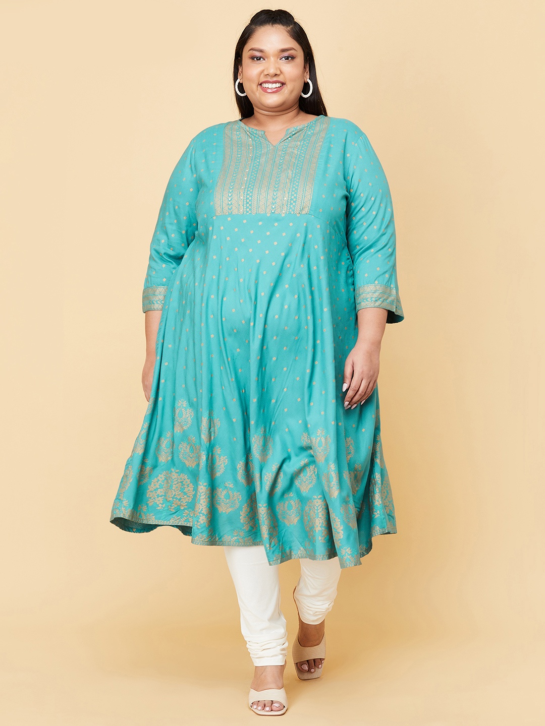 

max plus size Women Sea Green Ethnic Motifs Printed Anarkali Kurta