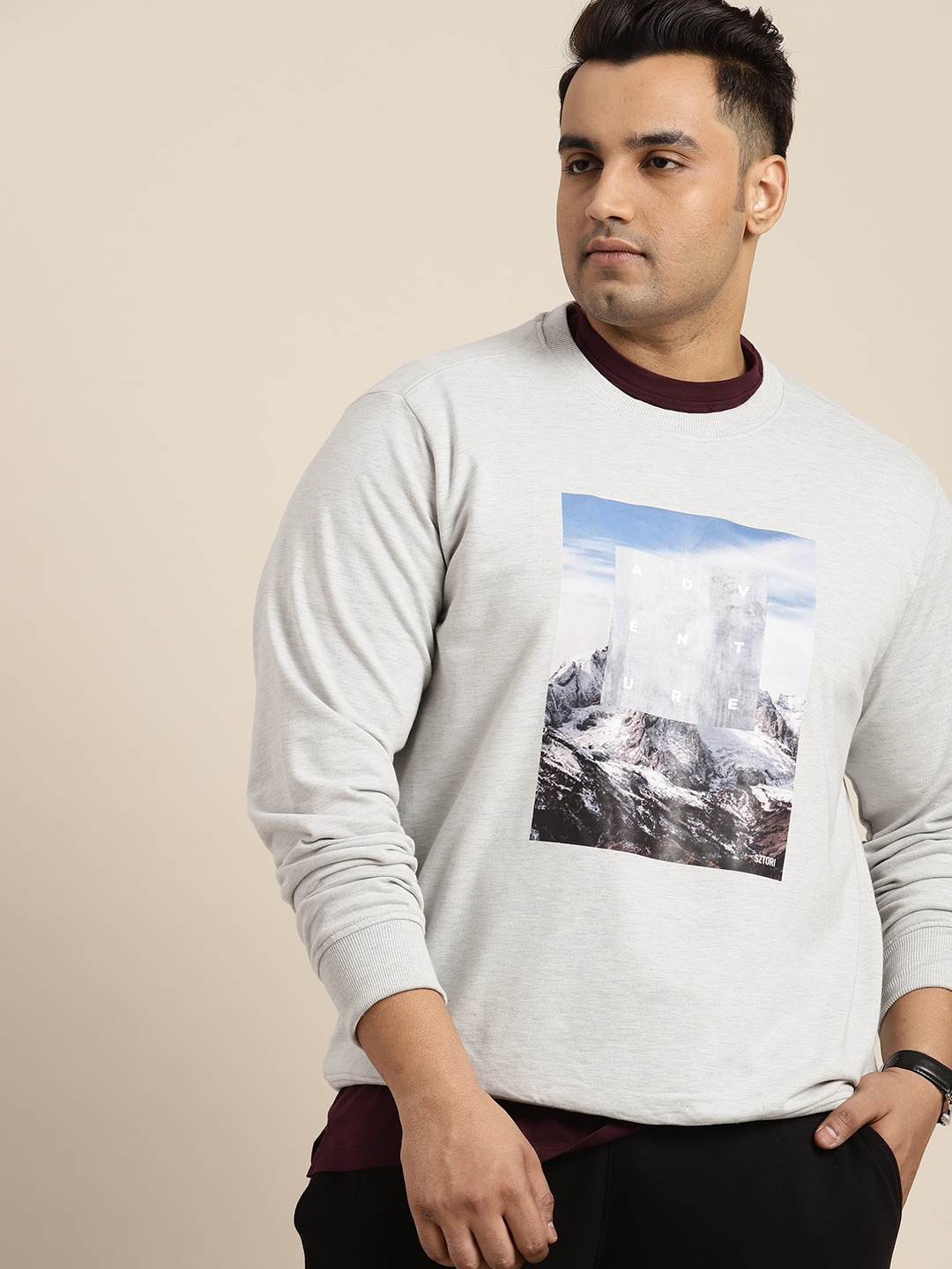 

Sztori Men Plus Size Graphic Printed Sweatshirt, Grey melange