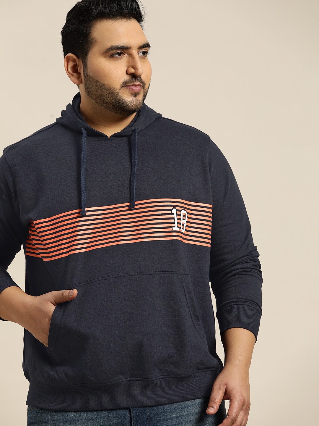 

Sztori Men Plus Size Navy Blue & Orange Striped Hooded Sweatshirt