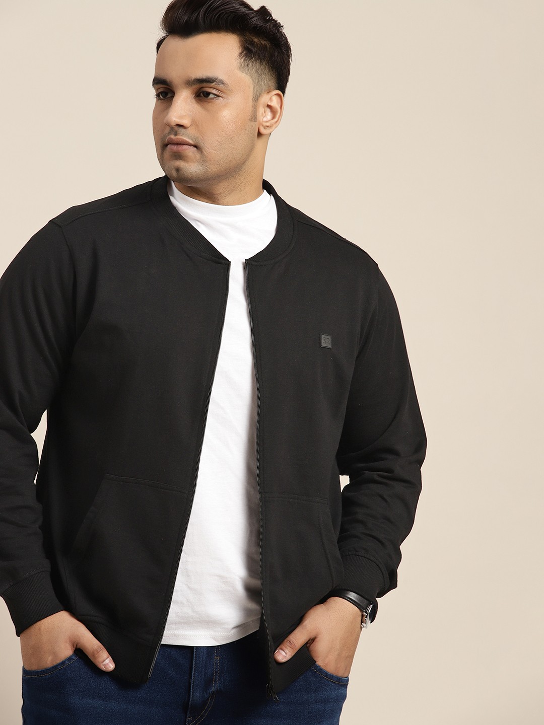 

Sztori Men Plus Size Stand Collar Front-Open Sweatshirt, Black