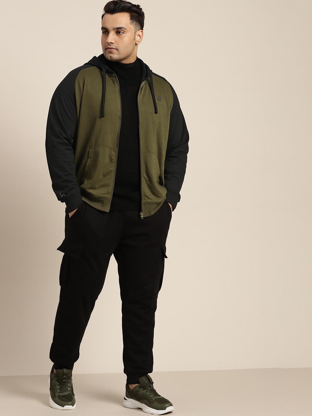 

Sztori Men Plus Size Raglan Sleeves Front-Open Sweatshirt, Olive