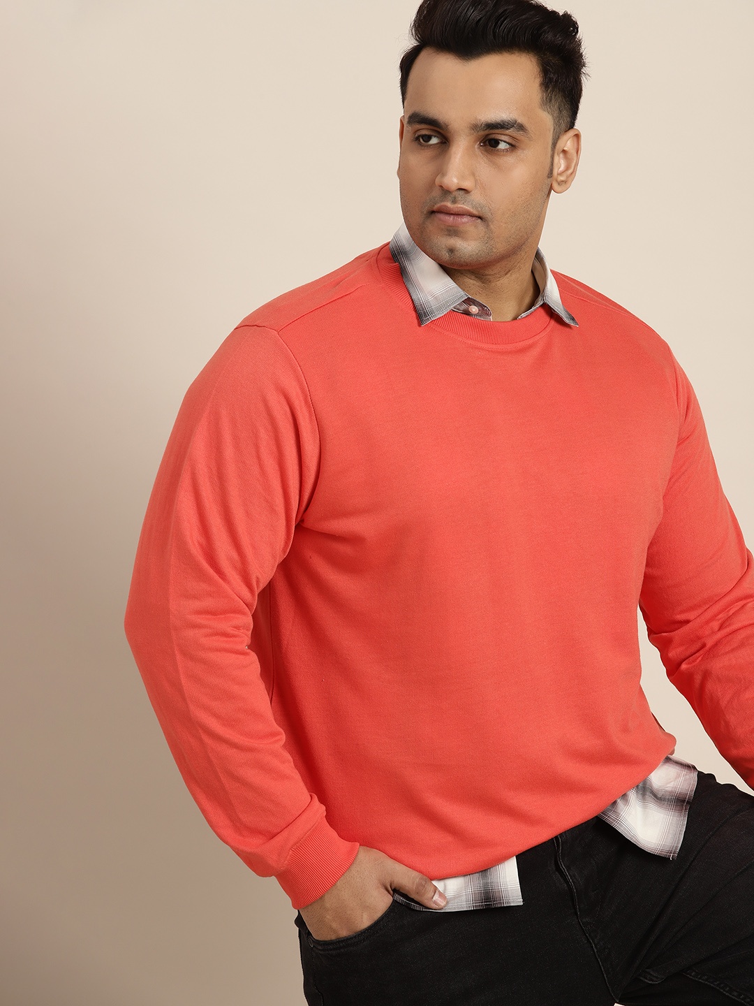 

Sztori Men Plus Size Round Neck Knitted Sweatshirt, Orange