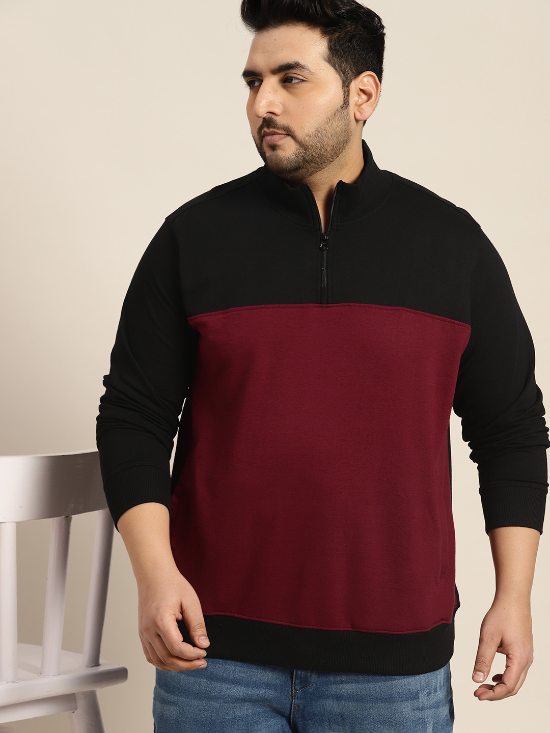 

Sztori Men Plus Size Colourblocked Half Zipper Sweatshirt, Maroon
