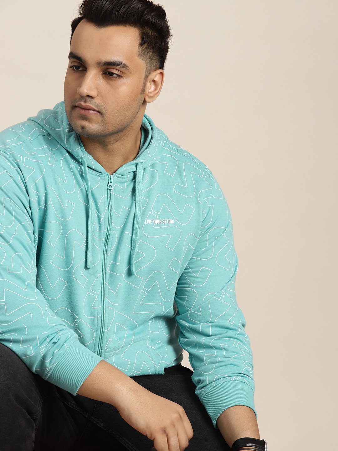 

Sztori Men Plus Size Geometric Printed Hooded Sweatshirt, Blue