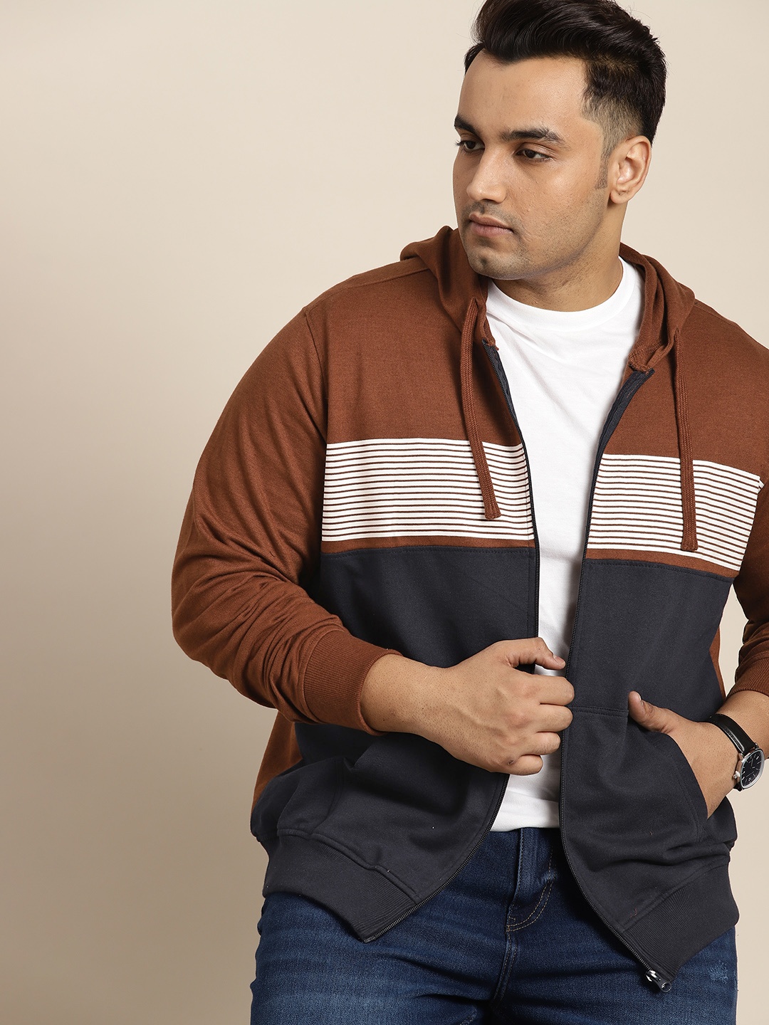 

Sztori Men Plus Size Striped Hooded Front-Open Sweatshirt, Rust