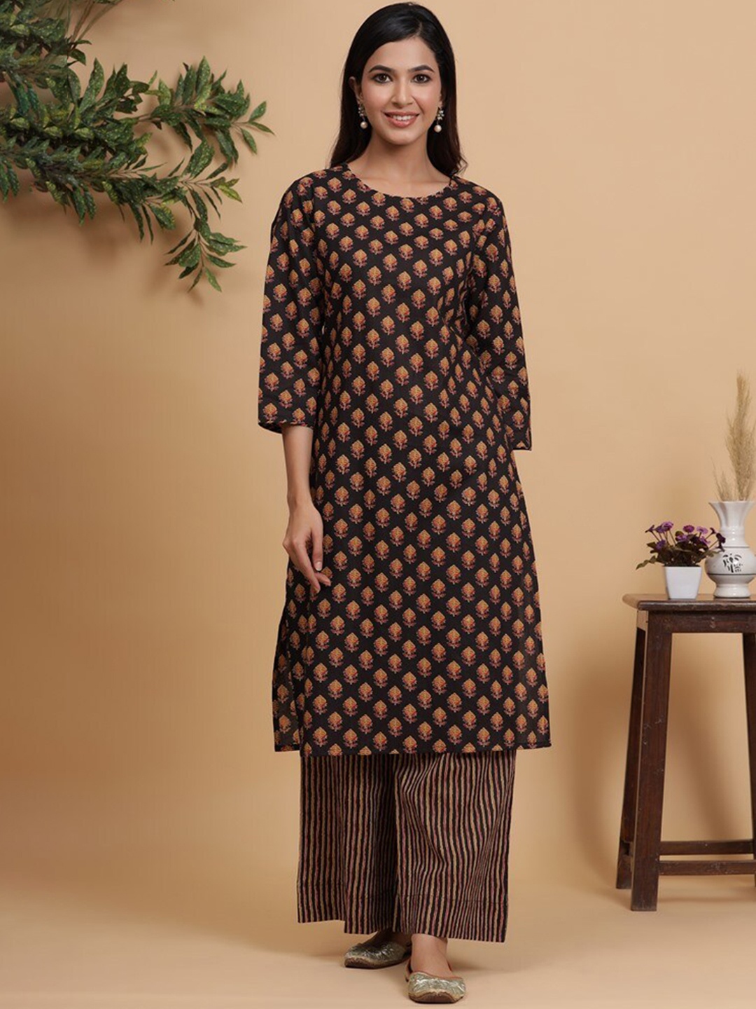 

mirari Floral Printed Pure Cotton Kurta with Striped Palazzos, Brown
