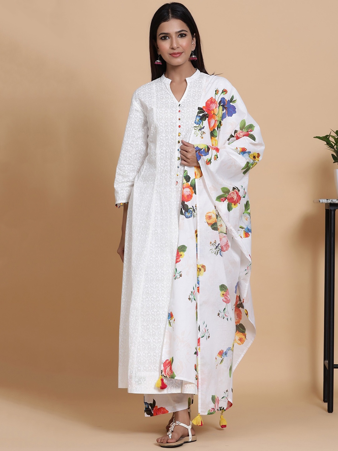 

mirari Women White Floral Pure Cotton Kurta with Palazzos & With Dupatta