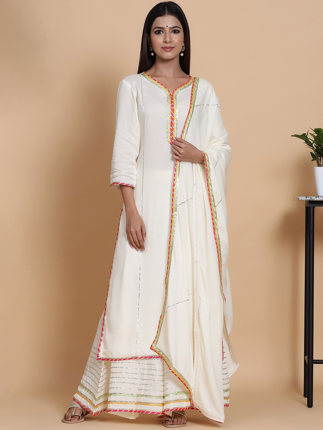 

mirari Women White Embroidered Gotta Patti Pure Cotton Kurta with Sharara & With Dupatta