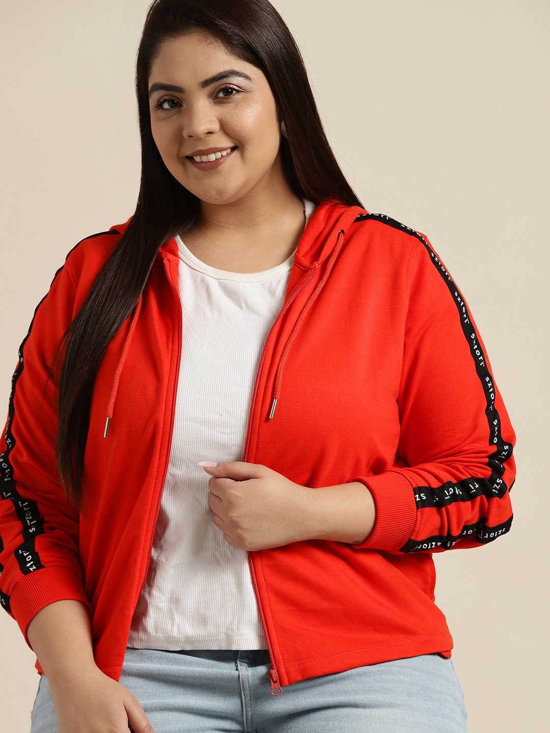 

Sztori Women Plus Size Orange Solid Front-Open Hooded Sweatshirt