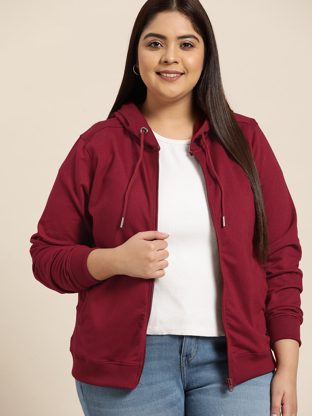 

Sztori Women Plus Size Maroon Solid Hooded Sweatshirt