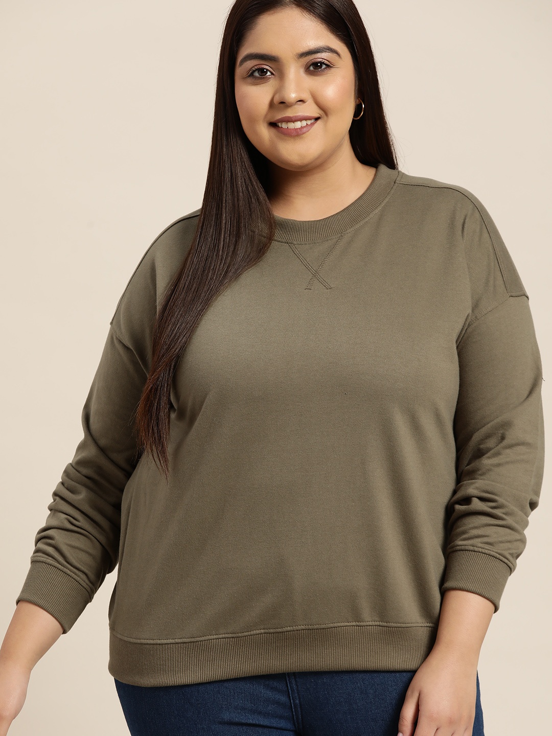 

Sztori Women Plus Size Olive Green Solid Sweatshirt