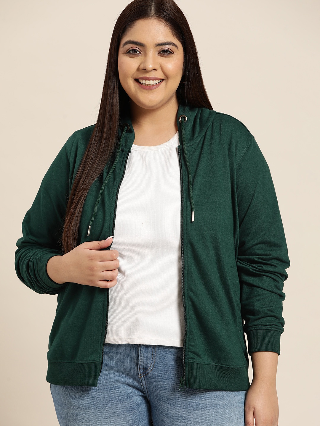 

Sztori Women Plus Size Green Solid Hooded Sweatshirt