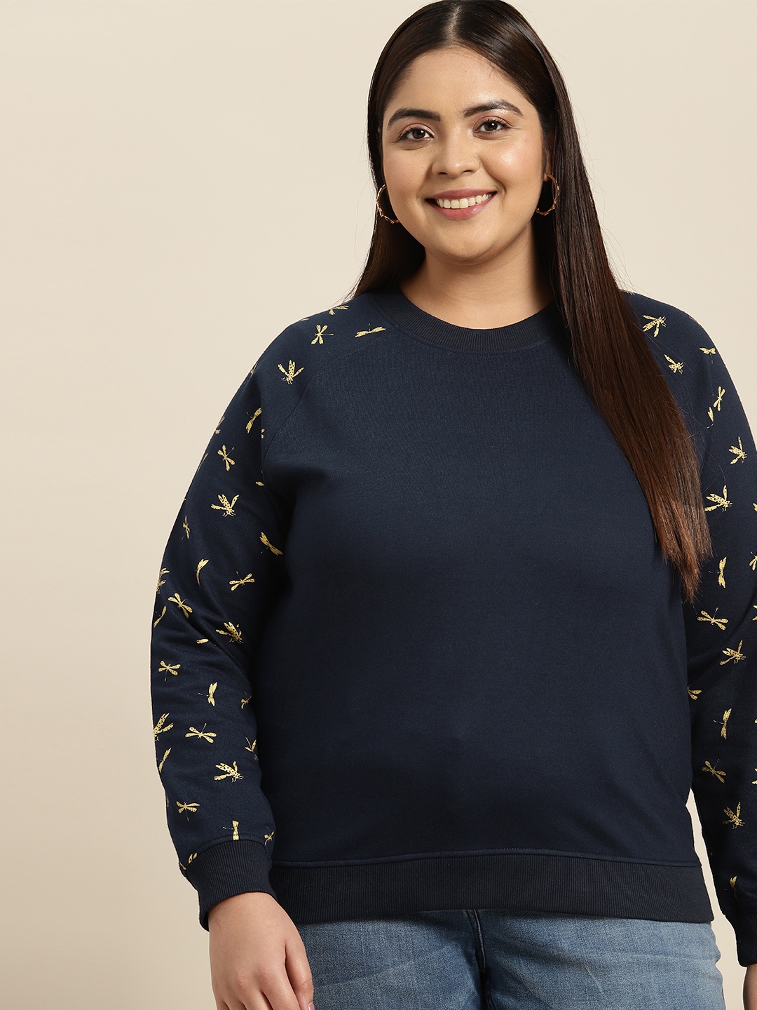 

Sztori Women Plus Size Solid Foil Print Detail Sweatshirt, Navy blue